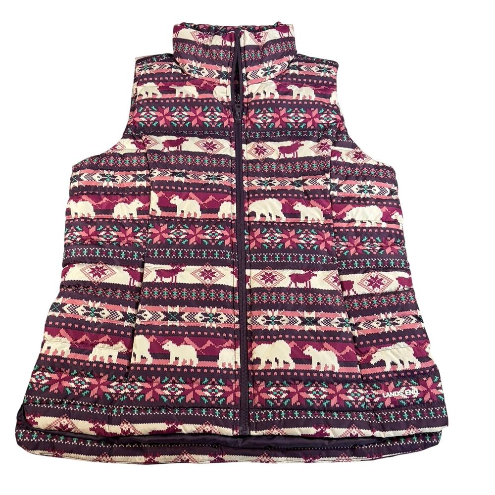 NWOT Lands End womens down puffer vest. purple polar print. Size S. grandmacore